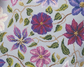 Cross stitch Clematis cushion