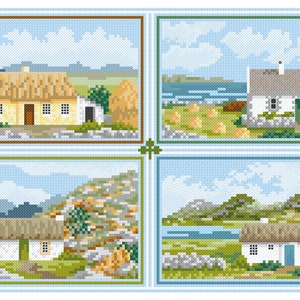May include: Four cross-stitch patterns depicting charming Irish cottages with thatched roofs, stone walls, and lush green landscapes. Each scene features a cottage with a door and windows, surrounded by greenery and a blue sky with clouds.