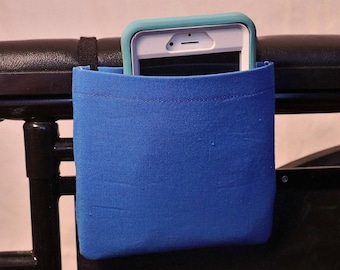 Blue Solid Color Armrest Hanging Cell Phone Holder for a Wheelchair, Walker or other Mobility Aides