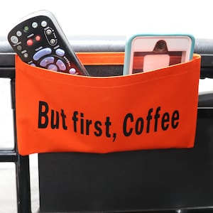 Orange Fabric &quot;But First, Coffee&quot; Single Pocket Armrest Bag for Wheelchair - Size: 8.75&quot;x5&quot;