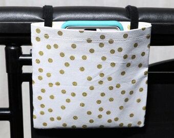 White with Gold Dots Rest Cell Phone Holder for Wheelchairs or other Hanging Storage Solution Size: 6"x 6"