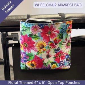 Floral Wheelchair Bag for Phone, 6x6 Armrest Pouch, Walker and Rollator Storage