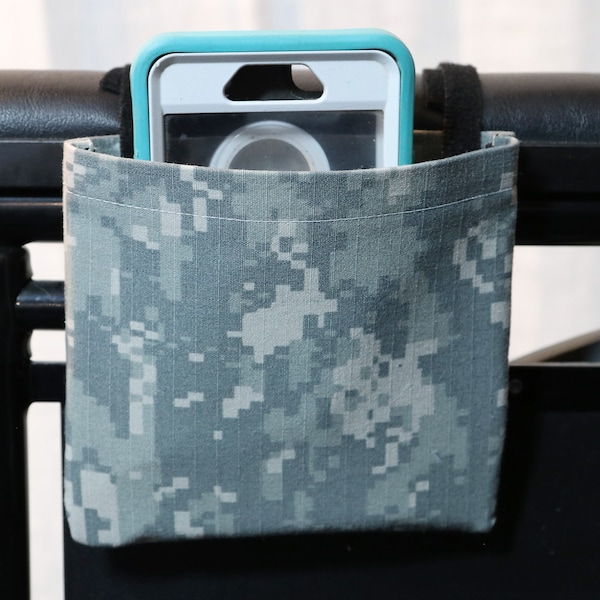 ACU Camouflage Armrest Hanging Cell Phone Holder 5x5 inch (Wheelchair, Walker, Stroller, Adjustable Bed) Size: 5" x 5"