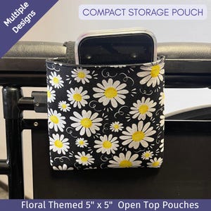 Floral Wheelchair Bag for Phone, Compact 5x5 Armrest Pouch, Walker Storage