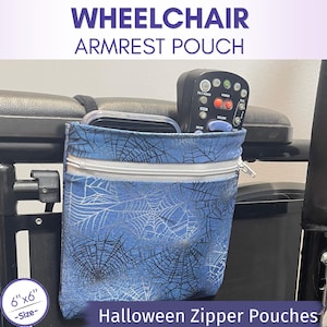 Wheelchair Bag with Front Zipper Pocket, 6x6 Halloween Armrest Pouch, Phone Holder in 5 Spooky Prints