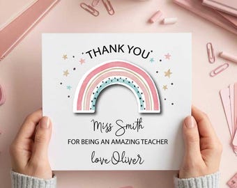 Personalised Teacher Thank You Card, Custom Teacher Appreciation Gift. 2026 end-of term present 3-D Rainbow