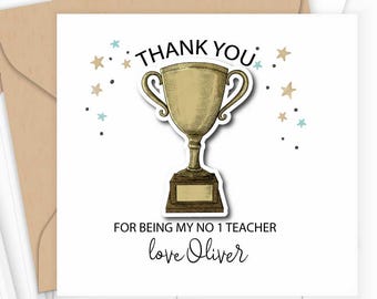 No 1 Teacher Personalised Greetings Card, Custom End of Term Trophy Nursery Teacher Appreciation Card 2026. 3-D Cup.