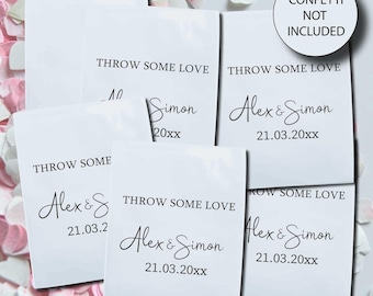 Customised Wedding Confetti Packets, Throw Some Love Celebration Bags, Customised Biodegradable Glassine Bags, Peel & Seal Wedding Pack.
