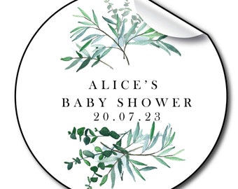 Baby shower personalised stickers.Baby shower party labels, Gender reveal eucalyptus floral party favours, Customised favour seals.