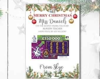 Personalised Merry Christmas Scratch Card Holder.Customised Thank you gift, Xmas Lottery Present. Ideal for Teacher,Teaching Assistant.