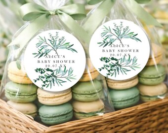 Personalised Baby Shower Stickers. Gender Reveal Party Labels, Customised Green Euclayptus Floral Seals,
