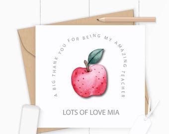 Thank You Teacher Personalised Greetings Card, Custom End of Term Nursery Teacher Appreciation Card 2026. 3-D Apple.