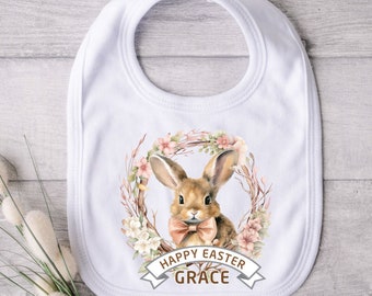 Personalised Easter Baby bib, Customised Bandana Dribble, 1st Easter,2026 Floral Wreath Bunny present