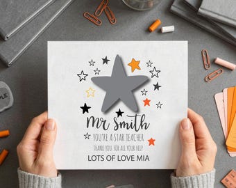 Personalised Teacher Thank You Greetings Card, Custom End of Term Star Nursery Teacher Appreciation Card 2026. 3-D Star.