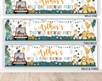 Jungle Party Banner. Wild One Birthday Banner.TWO WILD Customised Banner, Wild & Three Party poster. Safari themed personalised banner x1