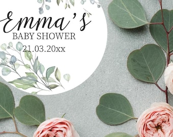Personalised Baby Shower Stickers. Gender Reveal Party Labels, Customised Green Euclayptus Floral Seals,