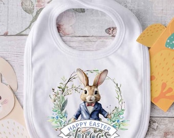 Easter rabbit personalised bib, Customised bandana bib, 1st Easter milestone baby bib gift, 2025 Easter Present, Floral Bunny Keepsake.