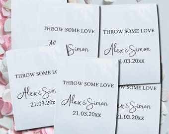 Personalised Wedding Confetti Packets, Throw some love Celebration Bags, Customised Biodegradable Glassine Bags, Peel & Seal Wedding Pack.