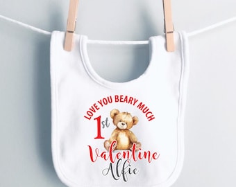 1st Valentine's personalised bib,customised bandana bib,personalised gift,First Valentine's milestone keepsake Beary Much design 2026