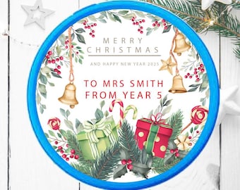 Personalised Labels for Christmas Chocolate Tubs, Customised Xmas Stickers for Festive Chocolates and sweets.Ideal Christmas thank you gift.
