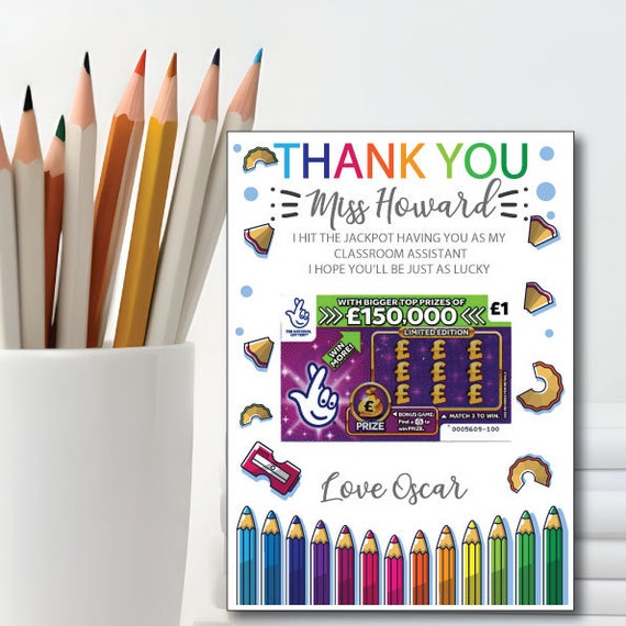 Personalised Teacher Gift,Thank You Scratch Card Holder, Personalised Lottery Present, Teaching Assistant,Customised End of Term Gift