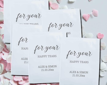 Personalised Wedding Tissue Packets, Happy Tears Celebration Bags, Customised 100% Biodegradable Glassine Bags, Peel and Seal Wedding Pack.