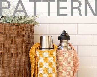 Checkered Crochet Water Bottle Holder PATTERN | Bottle Carrier Crochet Pattern