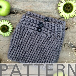 May include: Gray crocheted boot cuffs with black buttons.  PATTERN is written on the bottom of the image.
