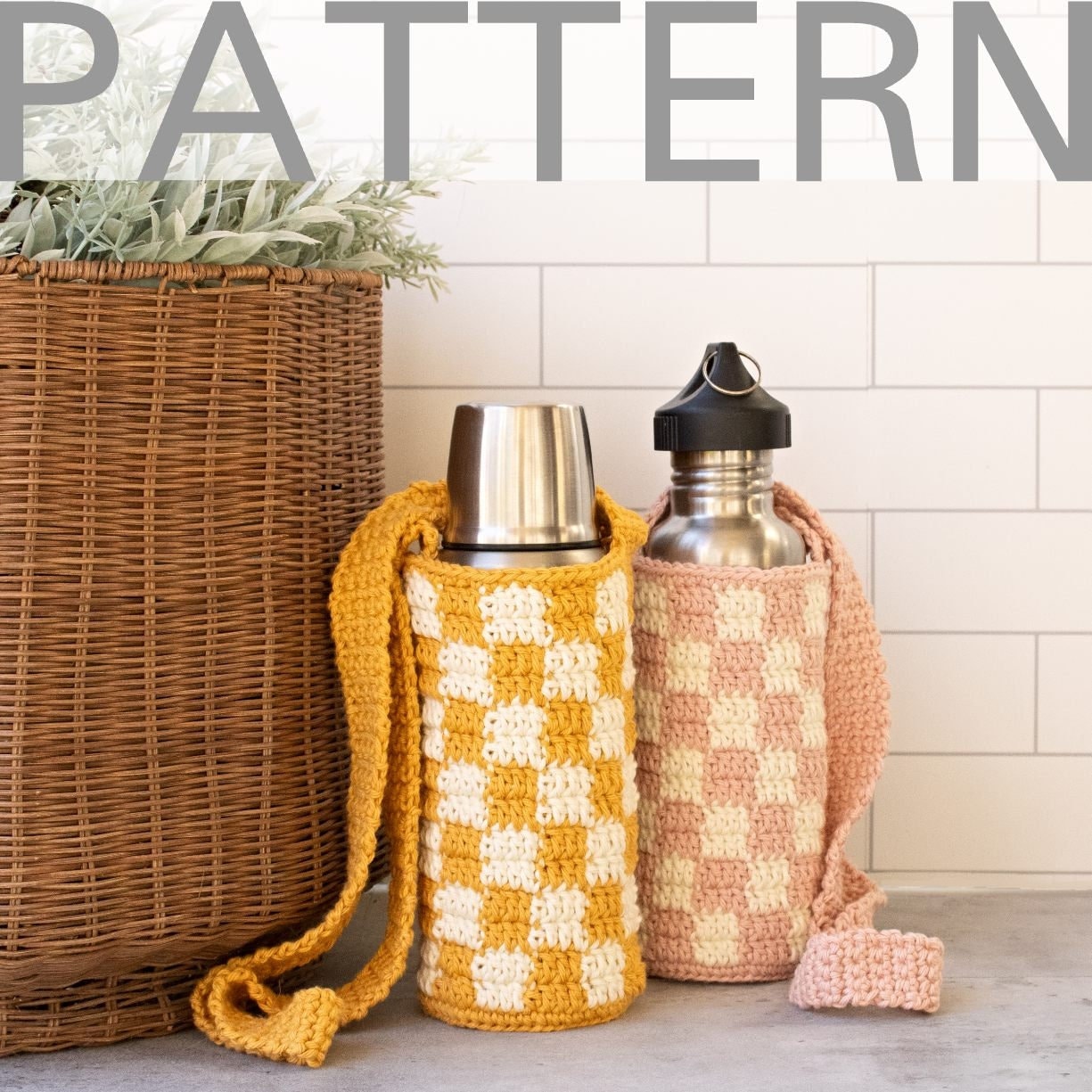 40 Crochet Water Bottle Holder Patterns for On the Go 24 Checkered Crochet Water Bottle Holder Pattern Bottle