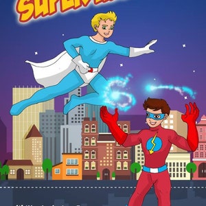 May include: Two cartoon superheroes, one in a blue and white costume and the other in a red and blue costume, stand in front of a city skyline. The text "WE ARE SUPER HEROES" is at the top of the image. The text "Written by Janine Thomas & Aiden Thomas Illustrated by Syanne Djaenal" is at the bottom of the image.