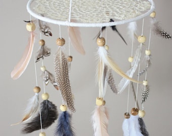 Natural Feather Mobile-Bohemian Mobile-Tribal Nursery-Native American Style-Feather Mobile-Woodland Nursery-Dreamcatcher Mobile-Baby Mobile