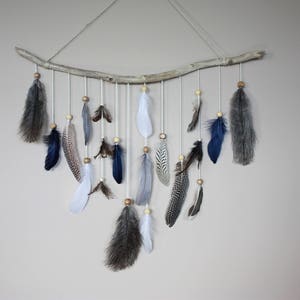 Feather Hanging-Driftwood Wall Hanging-Navy Decor-Driftwood Feather Decor-Feather Hanging-Driftwood Hanging-Natural Wall Art-Bohemian Decor