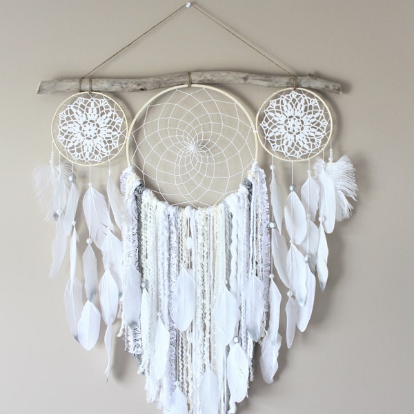 Large Dream Catcher, Dream Catcher Wall Hanging, Bohemian Dream Catcher, Boho Home Decor, Bedroom Wall Decor, Tan Cream Silver Decor