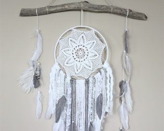 Gray White Dream Catcher-Baby Shower Gift-Gender Neutral Dream Catcher-Grey Nursery Decor-Neutral Nursery-Bedroom Decor Teen-Navy