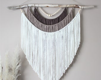 Large Macrame Wall Hanging, Boho Macrame Wall Hanging, Cream Tan Brown, Yarn Wall Tapestry with Beads, Warm Neutral Livingroom, Yarn Hanging