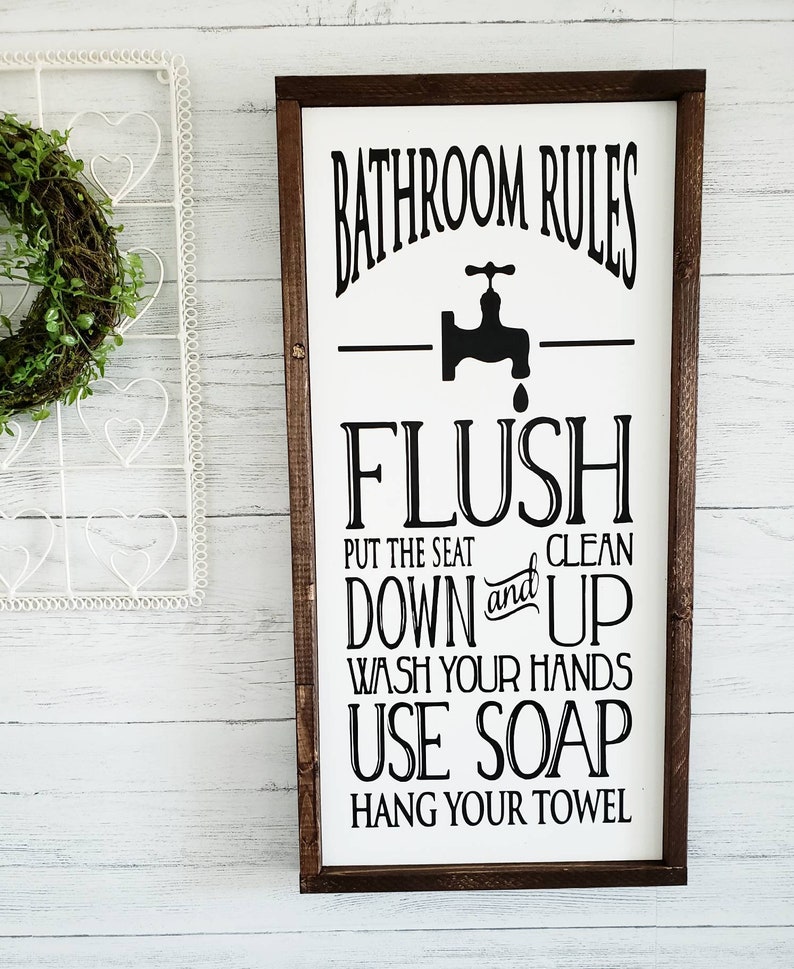 Bathroom Rules Wood Sign Framed Sign Wall Hanging Wood Etsy
