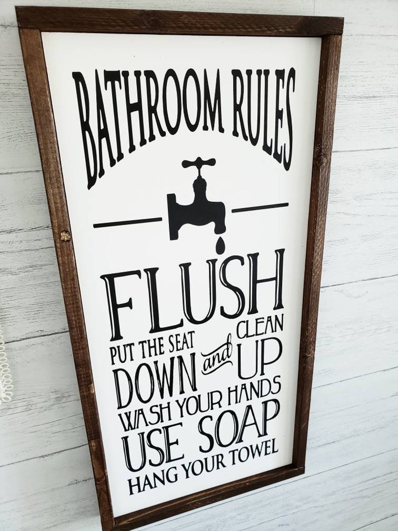 Bathroom Rules Wood Sign Framed Sign Wall Hanging Wood Etsy Sweden