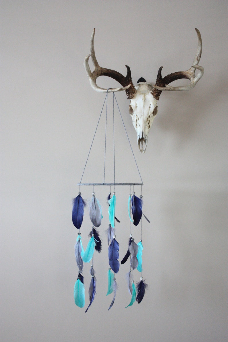 Feather MobileNavy Gray Teal MobileNursery MobileBoho Chic Etsy