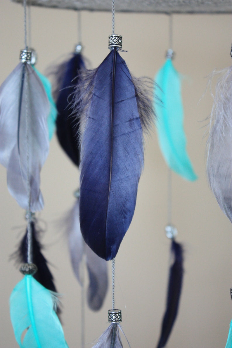 Feather MobileNavy Gray Teal MobileNursery MobileBoho Chic Etsy