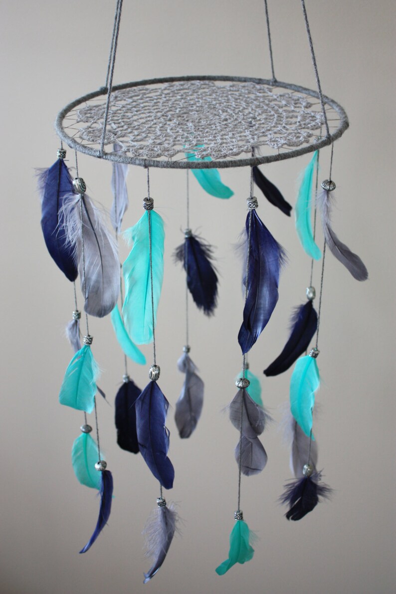 Feather MobileNavy Gray Teal MobileNursery MobileBoho Chic Etsy