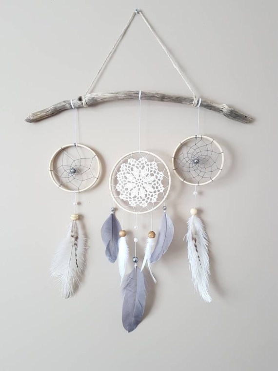 Feather Dream Catcher Wall Hanging Grey White Dream Catcher Gray Nursery Decor Baby Room Wall Decor Gender Neutral Nursery Decor Boho Decor