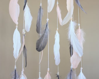 Pink Gray White  Mobile-Feather Mobile-Bohemian Nursery-Baby Girl Nursery-Dreamcatcher Mobile-Whimsical-Baby Mobile-Crib Mobile-Mobile