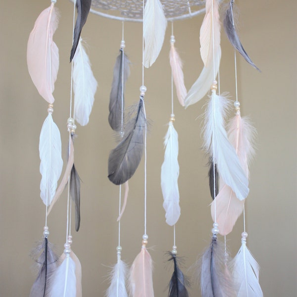 Pink Gray White  Mobile-Feather Mobile-Bohemian Nursery-Baby Girl Nursery-Dreamcatcher Mobile-Whimsical-Baby Mobile-Crib Mobile-Mobile