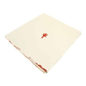 May include: A white handmade paper sheet with a red handprint in the center.