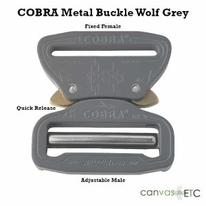 May include: A Wolf Grey COBRA metal buckle with "COBRA" text. The buckle has a fixed female end and an adjustable male end. The quick-release buckle is designed for durability and ease of use. The text "canvas ETC" is in the bottom right corner.