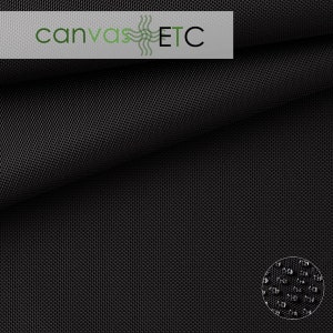 May include: Black fabric with a textured, honeycomb-like pattern. The fabric is folded, creating shadows and depth. The upper left corner features the text "canvas ETC" in white and green. A close-up of the fabric's texture is in the lower right corner.