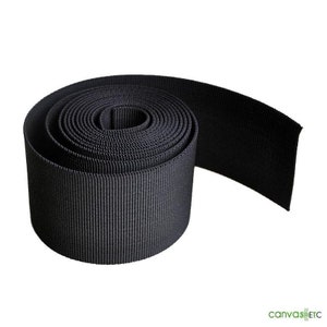 May include: A roll of black nylon webbing, a type of strong, flexible fabric often used for straps, belts, and other applications.