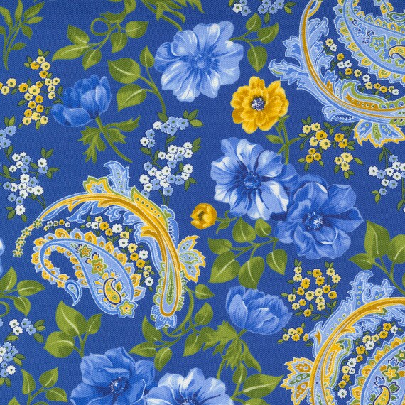 Quilt Fabric-by-the-1/2 yard by MODA 33610-13 Flowers and Paisley in Yellow SUMMER BREEZE Moda Quilt Fabric-by-the-1/2 yard by MODA 33610-13 Flowers and Paisley in Yellow SUMMER BREEZE Moda
