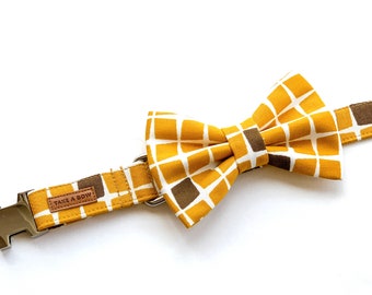 TILES TURMERIC - Dog Bow Collar // Take A Bow Handmade Cotton Dog Collar, Metal Hardware, Bowtie Collar, Puppy Bowtie Collar, Mustard Collar