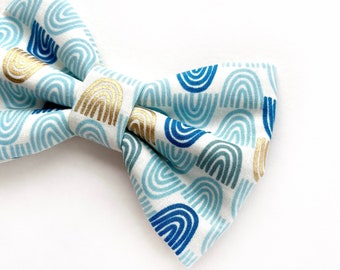 Blue & Gold Waves Dog Bowtie with Matching Bowtie// Take A Bow Handmade Bowtie, Sailor Bow, Dog Collar Bowtie, Blue Waves Summer Dog Bow Tie